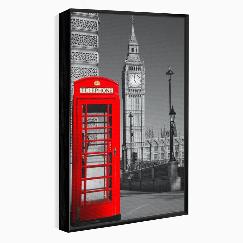 Tablou canvas cu tablou canvas cu cabina rosie si big ben, in rama de aluminiu negru